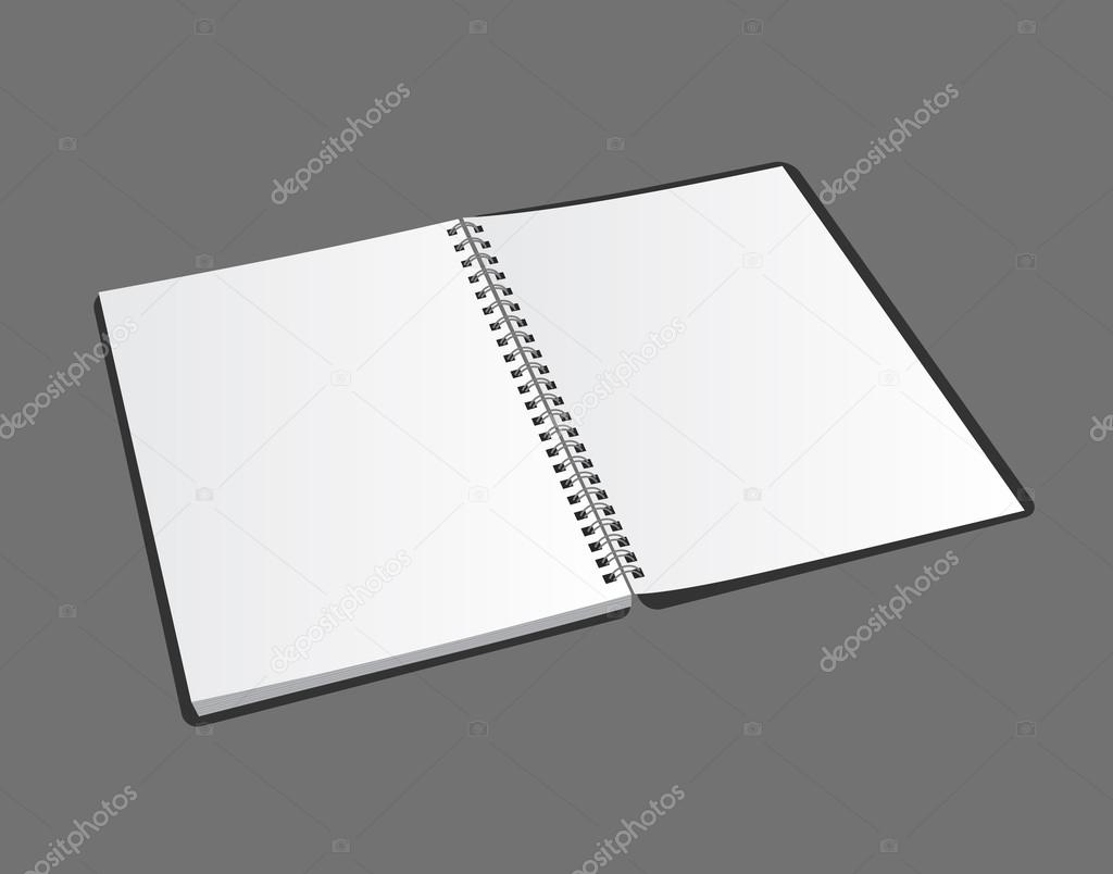 Opened blank spiral notebook on gray background