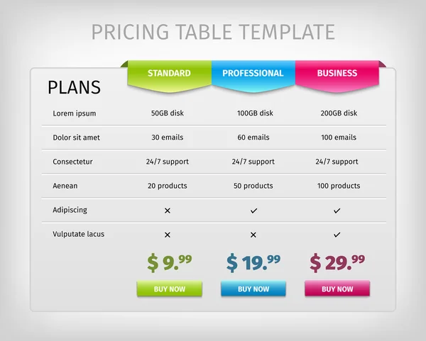 Plantilla de tabla de precios web colorida para plan de negocios . — Vector de stock