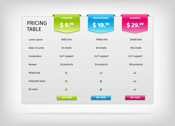 Colorful comparison pricing table template — Stock Vector