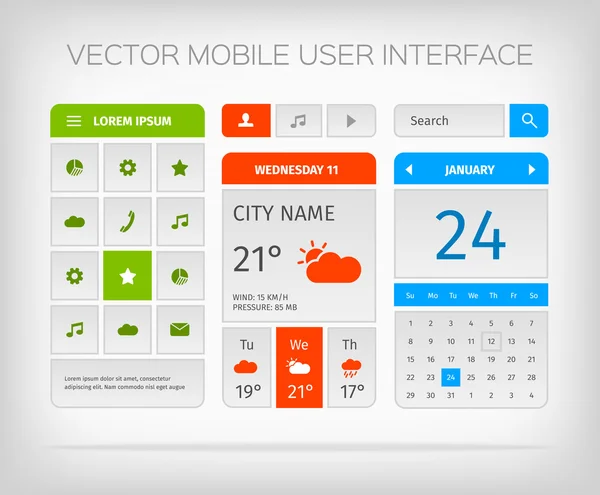 Set an mobilen Benutzeroberflächen und Symbolen für App oder Web. — Stockvektor