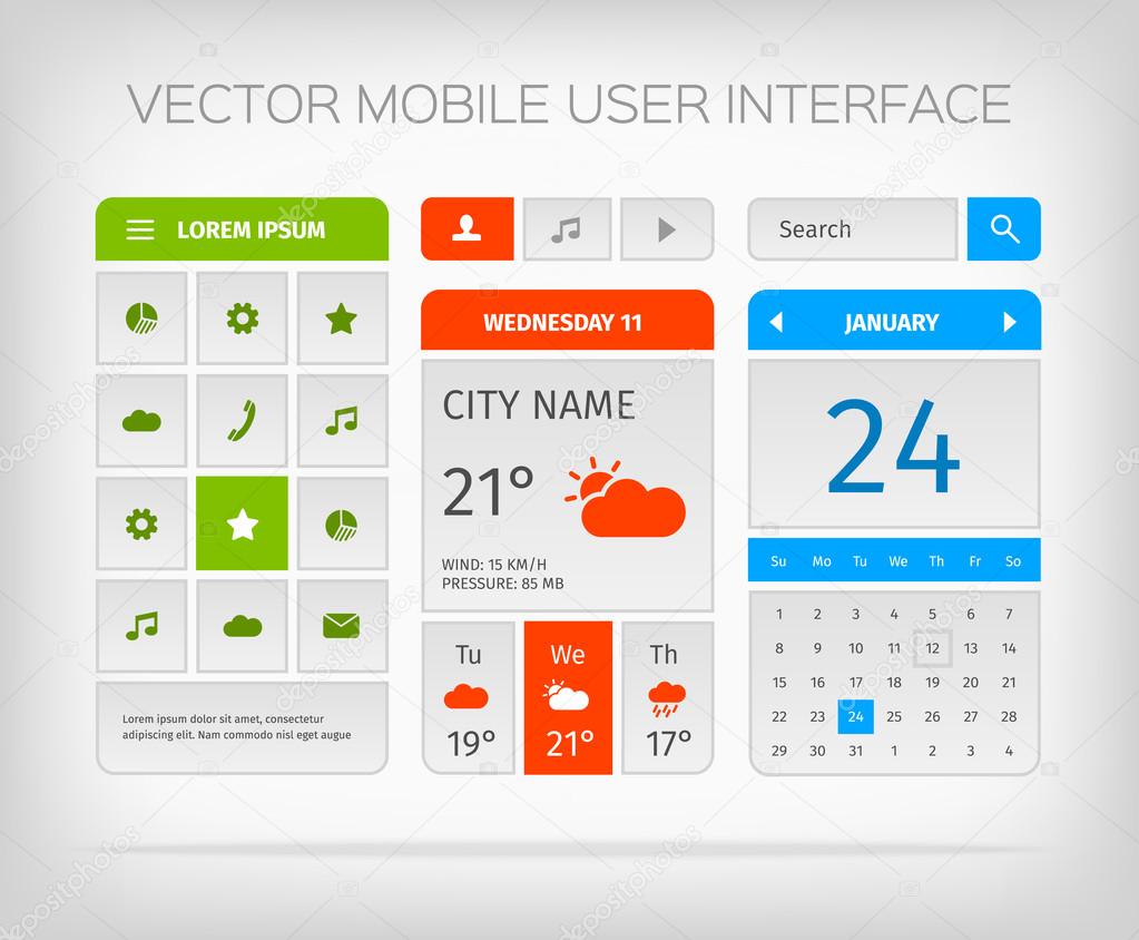 Set of mobile user interface and icons for app or web. 