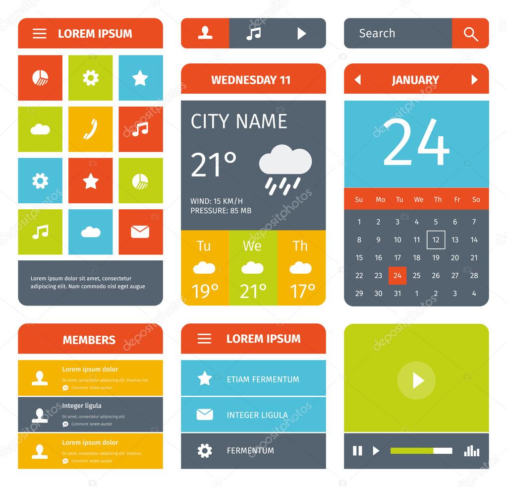 Colorful set of flat mobile app design and icons