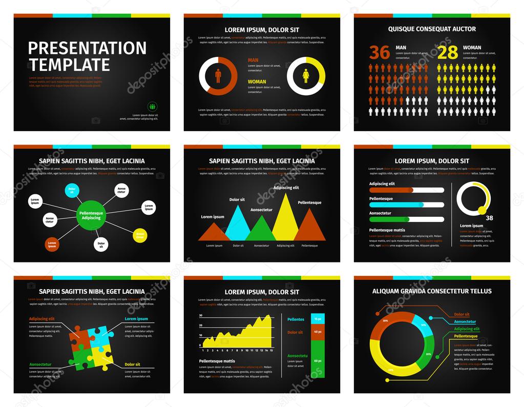 Colorful graphs and presentation graphics on black.