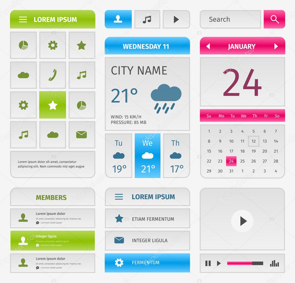 Colorful set of mobile interface elements on gray.