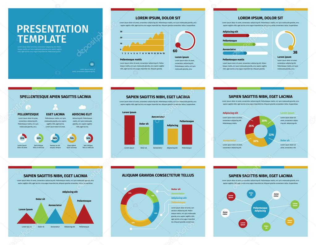 Colorful graphs and presentation graphics on blue.