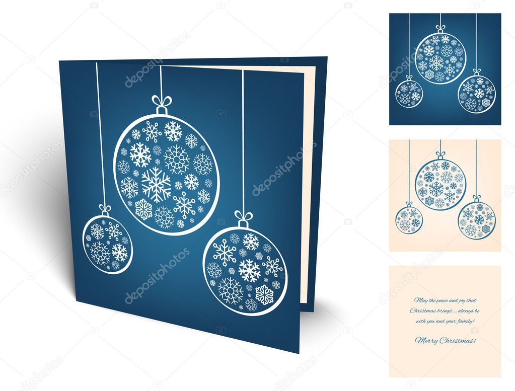 Blue christmas greeting card with balls from snowflakes.