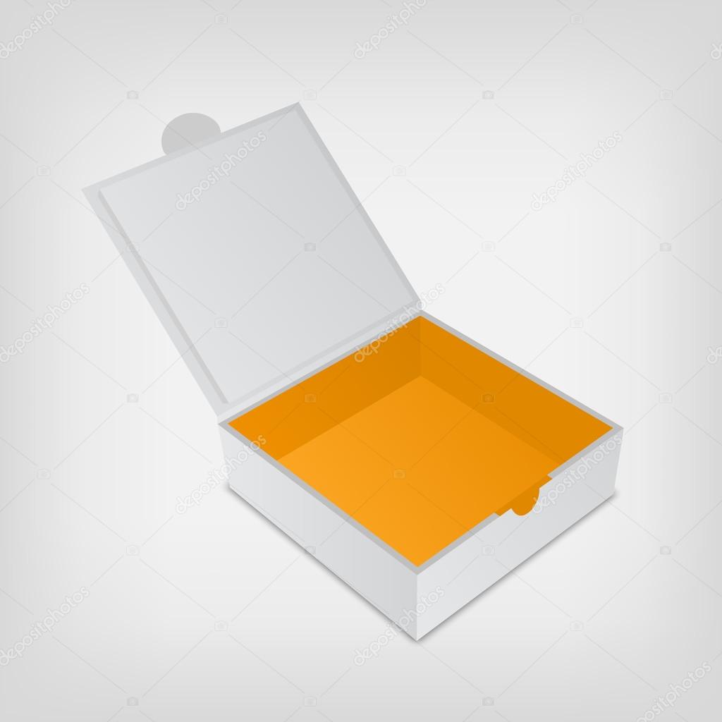 Open packaging box mockup. Gray square and orange inside.