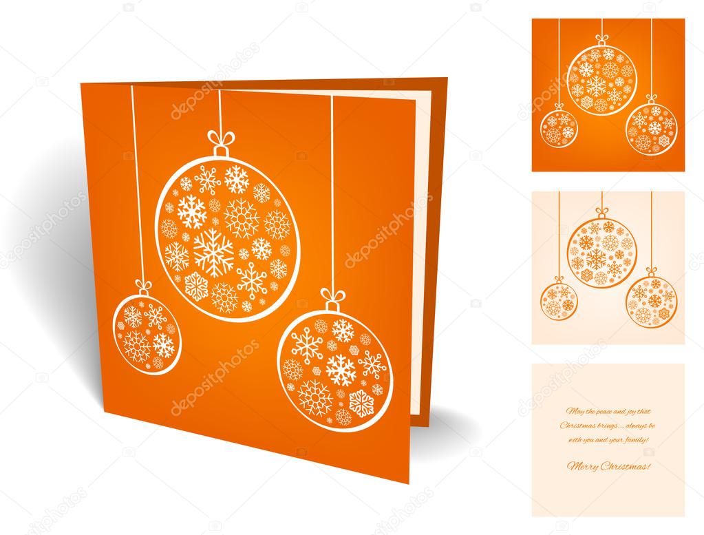 Orange christmas greeting card with balls from snowflakes.