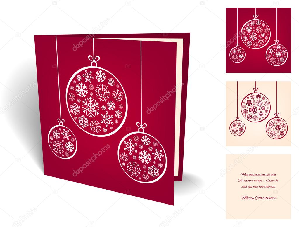 Red christmas greeting card with balls from snowflakes.
