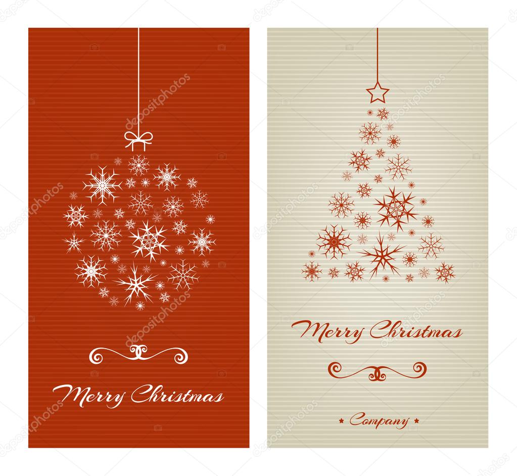 Marry Christmas cards with ball and tree from snowflakes.