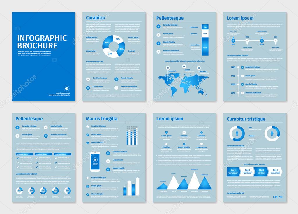 Blue business A4 brochures with infographic vector elements.