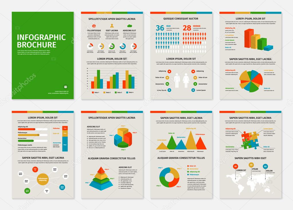 Colorful business A4 brochures with infographic vector elements.