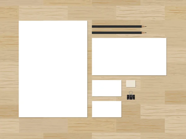 Maqueta de marca en blanco para la presentación CI sobre fondo de madera . — Vector de stock