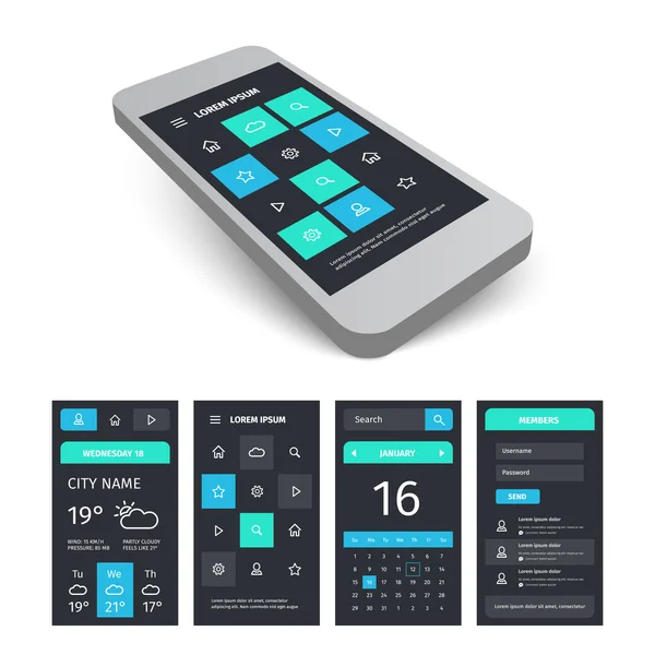 Vektor mobile Benutzeroberfläche App Kit Vorlage mit Mockup. — Stockvektor