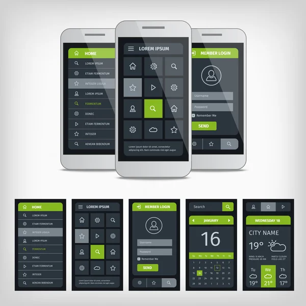 Sada mobilního uživatele aplikace rozhraní šablony. — Stockový vektor