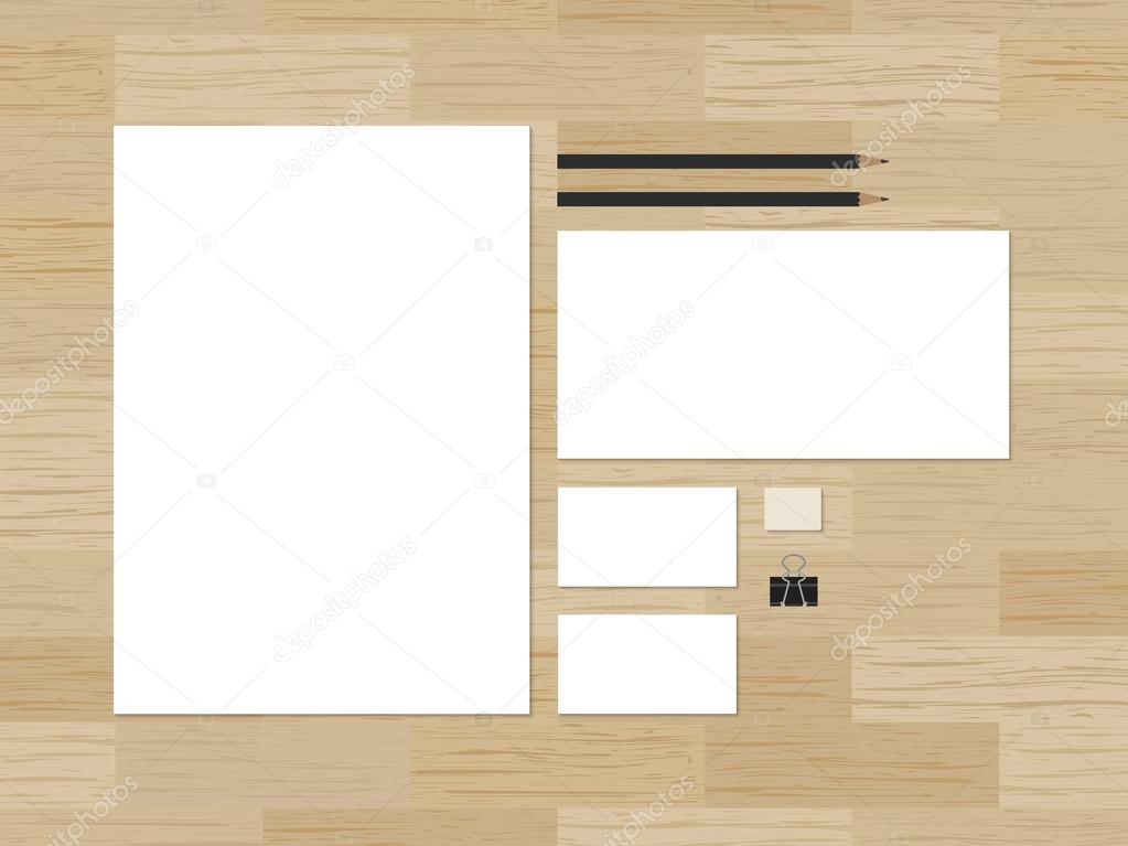 Blank branding mockup for CI presentation on wooden background.