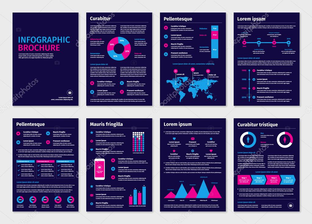 Purple business A4 brochures with infographic elements.