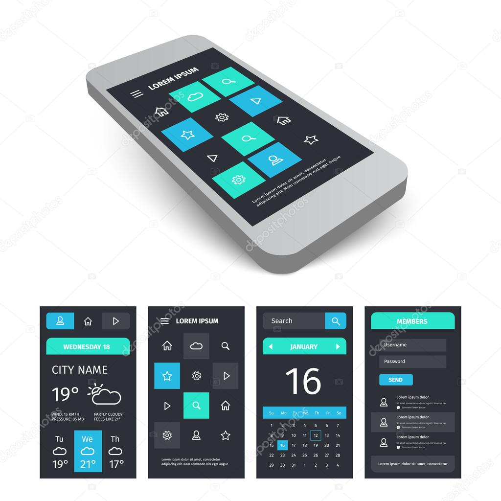 Vector mobile user interface app kit template with mockup.