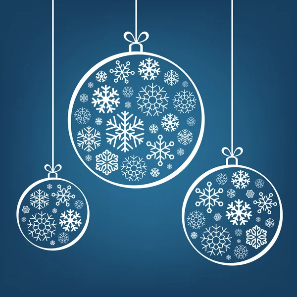 Hanging Christmas balls from snowflakes and ribbon on blue — Stock Vector
