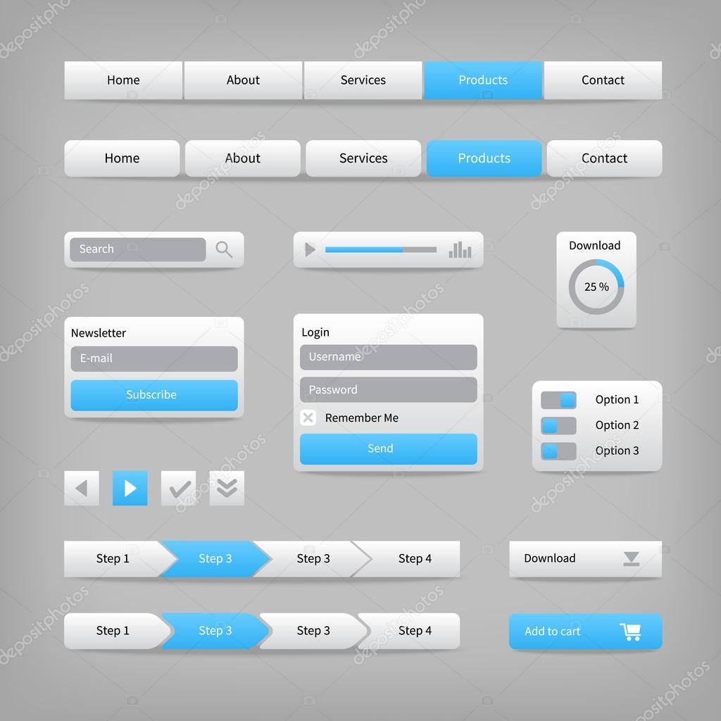 Web site elements with blue buttons navigation on gray.