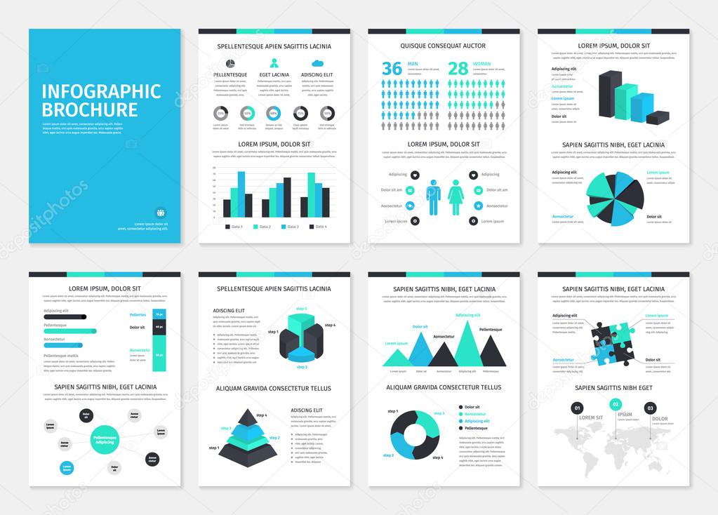 Blue and green business A4 brochures with infographic elements.