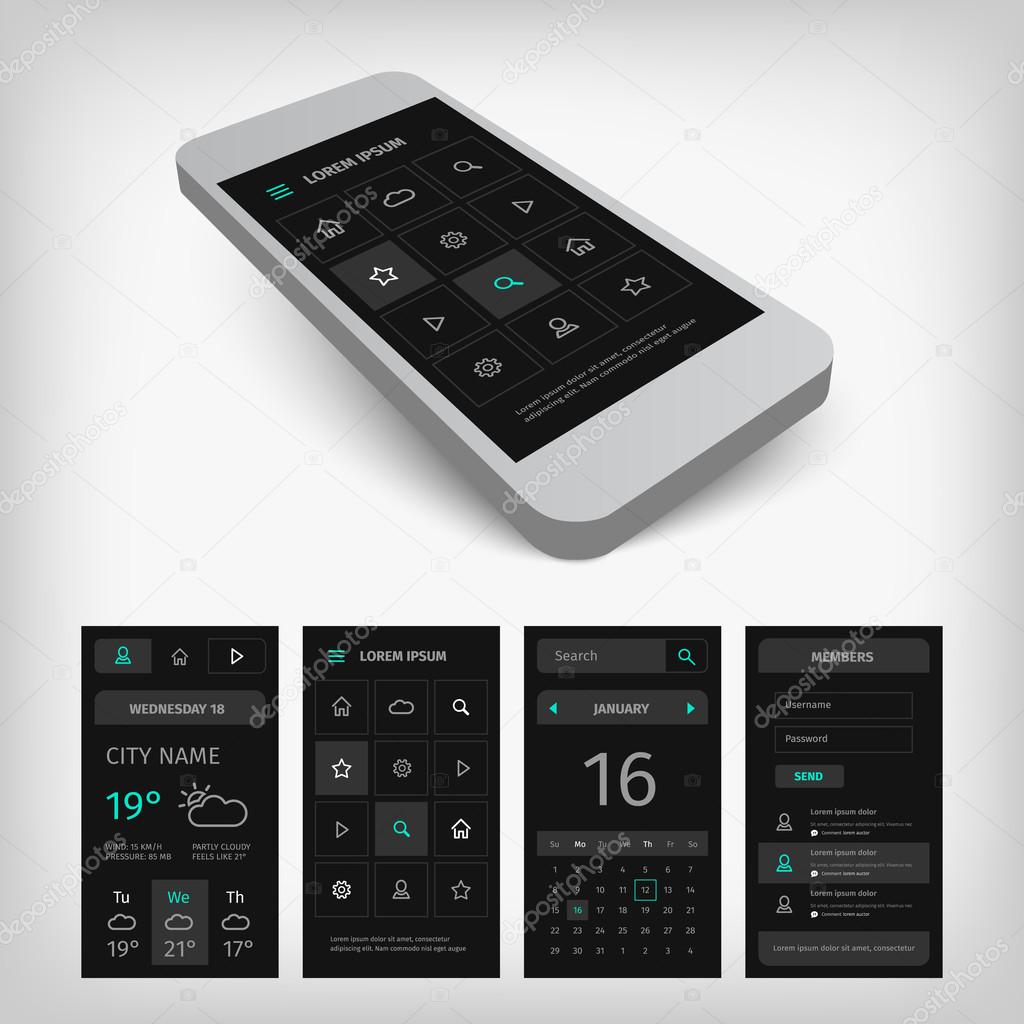 Set of black smartphone mobile user aplication interface.