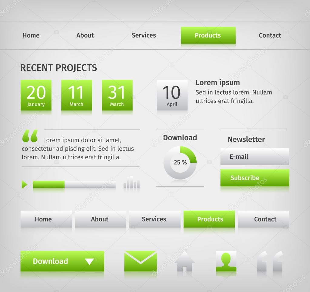 Web site design elements with green buttons hover.