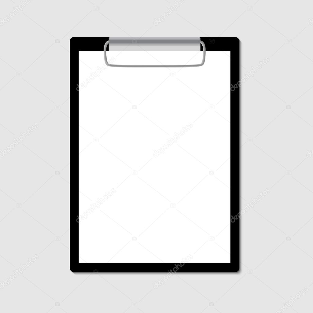 Black clipboard with blank sheet of paper isolated on gray.