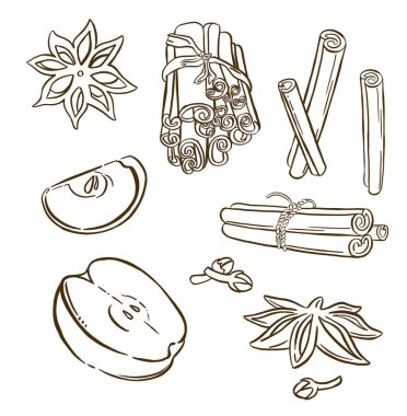 Noel baharatları, yıldız anason, elma. Yüksek kaliteli illüstrasyon