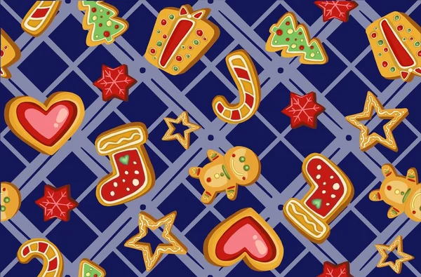 カラフルな美しいクリスマスクッキーのアイコンシームレスなパターン 甘い装飾された新年の背景 ジンジャーブレッドの男スターサンタ雪の結晶クリスマスツリーボール靴下 ベクターイラスト — ストックベクタ