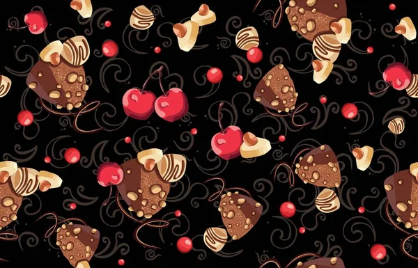 Nahtloses Muster Aus Schokolade Süßigkeiten Und Kirschmuster Hochwertige Illustration — Stockfoto