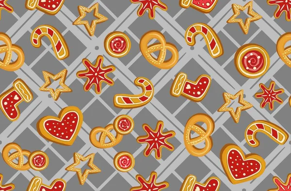 冬季无缝图案与姜饼饼干 很棒的度假背景 圣诞重复纹理的表面设计 包装纸等 矢量说明 — 图库矢量图片