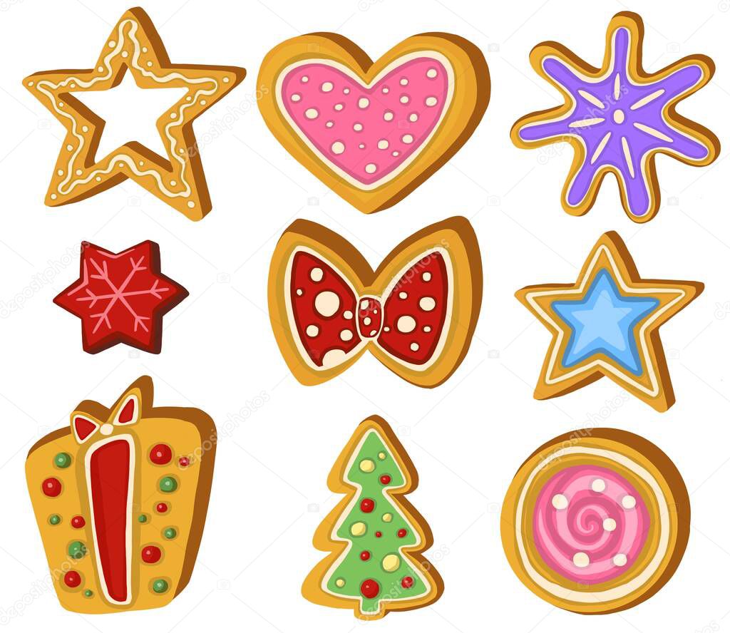 Set of gingerbread Holiday sweet cookie isolated . Vector illustration