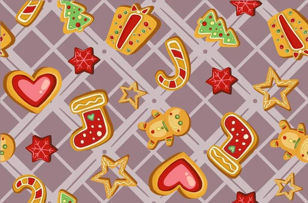 カラフルな美しいクリスマスクッキーのアイコンシームレスなパターン 甘い装飾された新年の背景 ジンジャーブレッドの男スターサンタ雪の結晶クリスマスツリーボール靴下 高品質のイラスト — ストック写真