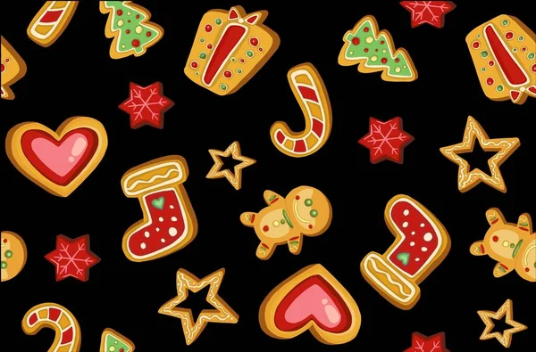 Πολύχρωμο Όμορφα Χριστούγεννα Cookies Εικονίδια Αδιάλειπτη Μοτίβο Γλυκό Διακοσμημένο Φόντο — Διανυσματικό Αρχείο