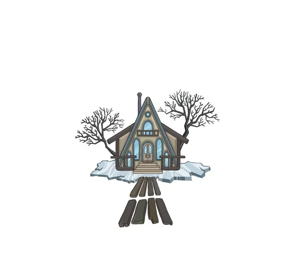 Holzhaus Mit Gehwegen Auf Einem Eisberg Winter Illustration Hochwertige Illustration — Stockfoto