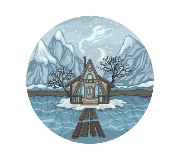 Naturaleza Invernal Montañas Árboles Casa Nieve Ilustración Alta Calidad — Foto de Stock