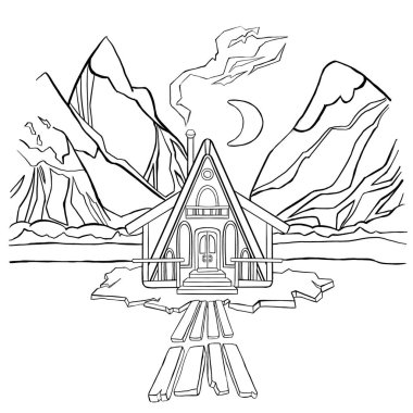 Boyama kitabı, dağlardaki kış gece evi. Vektör illüstrasyonu