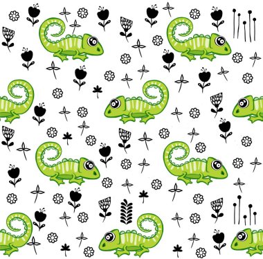 Şirin hayvanlı komik yeşil iguana kusursuz desen. Kumaş ve duvar kağıtları için kullanılabilir. Yüksek kaliteli illüstrasyon