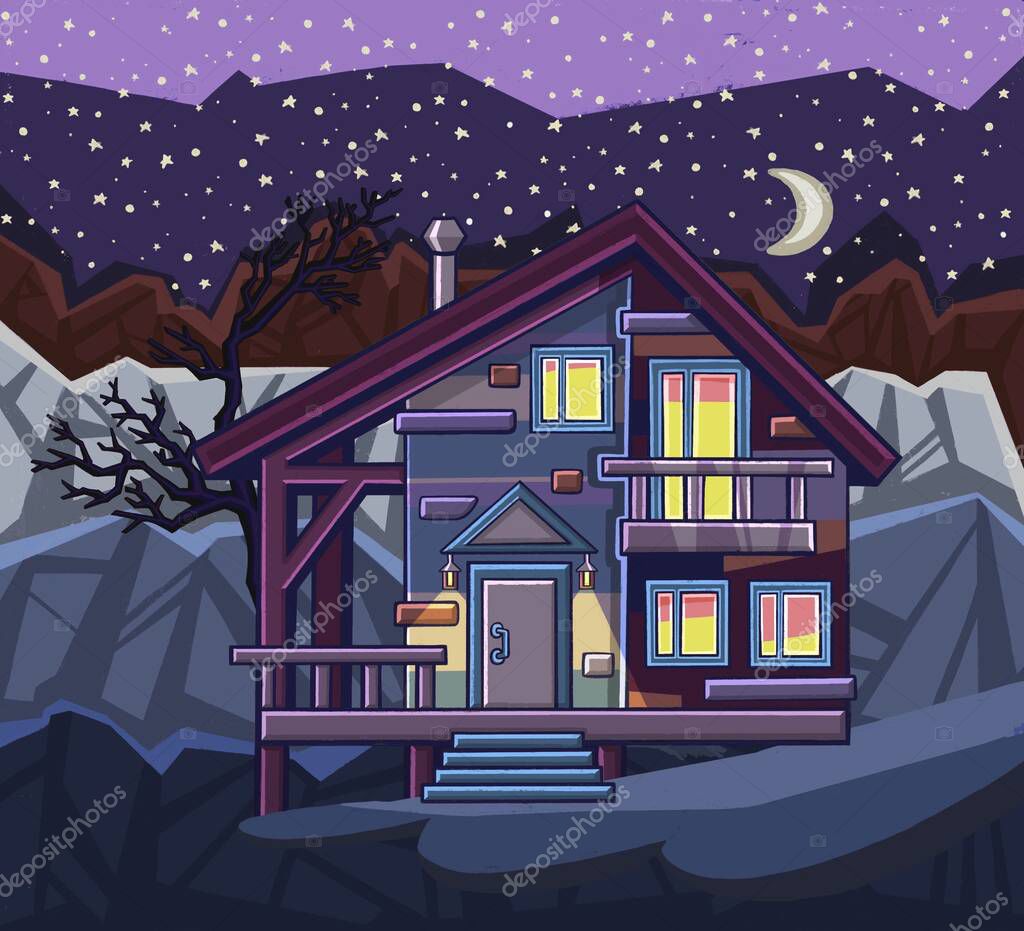 Mountain lodge in the forest. Autumn adventure scene with wooden cabin in woods.Night landscape. Lonely house in forest landscape in flat design. High quality illustration