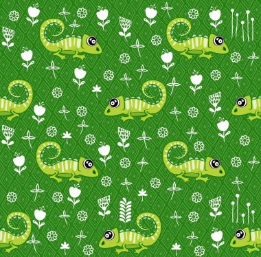Şirin hayvanlı komik yeşil iguana kusursuz desen. Kumaş ve duvar kağıtları için kullanılabilir. Yüksek kaliteli illüstrasyon