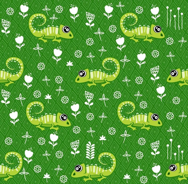 Şirin hayvanlı komik yeşil iguana kusursuz desen. Kumaş ve duvar kağıtları için kullanılabilir. Yüksek kaliteli illüstrasyon
