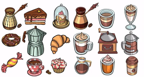 Renkli Kahve Tatlı Yiyecekler Yazısı Kafe Seti Vektör Illüstrasyonu — Stok Vektör