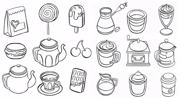 Koffie Thee Lijn Pictogrammen Latte Espresso Cappuccino Koffiebekers Symbolen Mokken — Stockvector