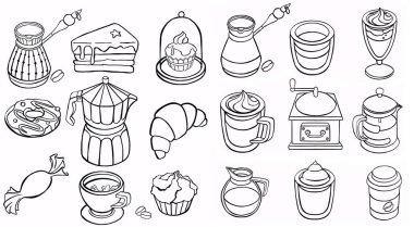 Kahve ve çay çizgisi ikonları. Latte espresso ve cappuccino kahve fincanları, buharlı bardaklar ve çaylı bardaklar. Çizimler simgesi. Vektör illüstrasyonu