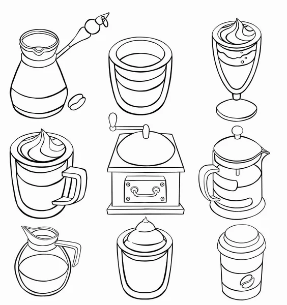 Ikony Kawy Herbaty Latte Espresso Cappuccino Filiżanki Kawy Symbole Kubki — Wektor stockowy