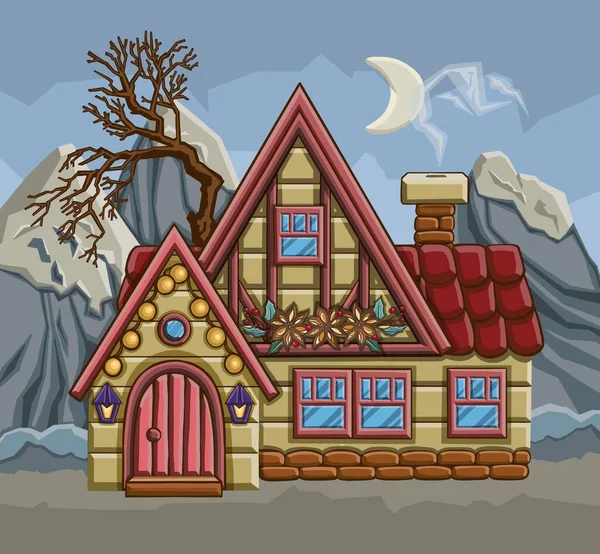 冬のクリスマスの風景画 夜の冬の雪の森 明るいガーランド素朴なレンガ造りの家で飾られ 星付きの装飾された木 高品質のイラスト — ストック写真