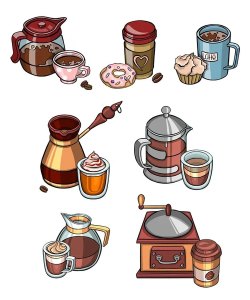 Set of hand drawn colored coffee, tea and cocoa items isolated on chalkboard background. High quality illustration