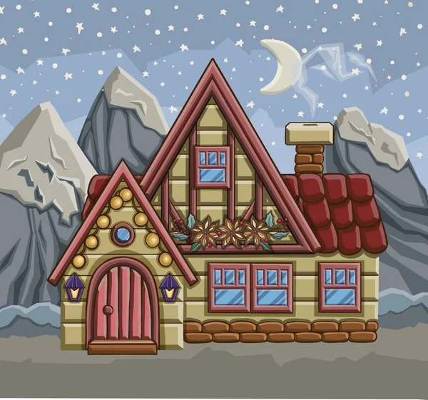 Χιονισμένο Χριστουγεννιάτικο Στολισμένο Σπίτι Μια Χειμωνιάτικη Νύχτα Κάτω Από Φεγγάρι — Φωτογραφία Αρχείου