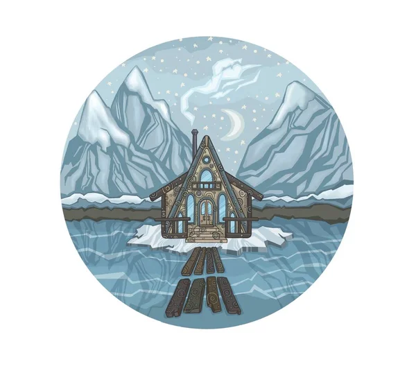 Vinter Natur Och Berg Träd Och Hus Snön Högkvalitativ Illustration — Stockfoto